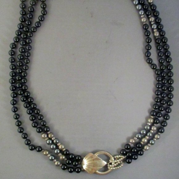 Onyx, Hematite and Sterling Silver Leaf Necklace